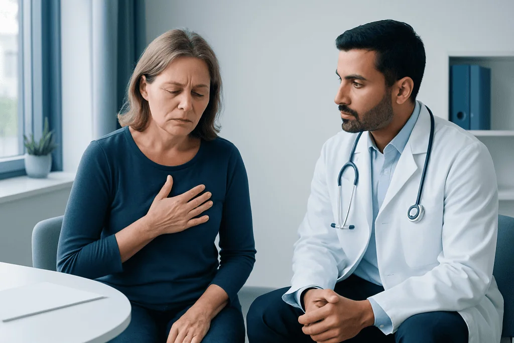 Patient experiencing chest pain during medical consultation at Acibadem Hospital.