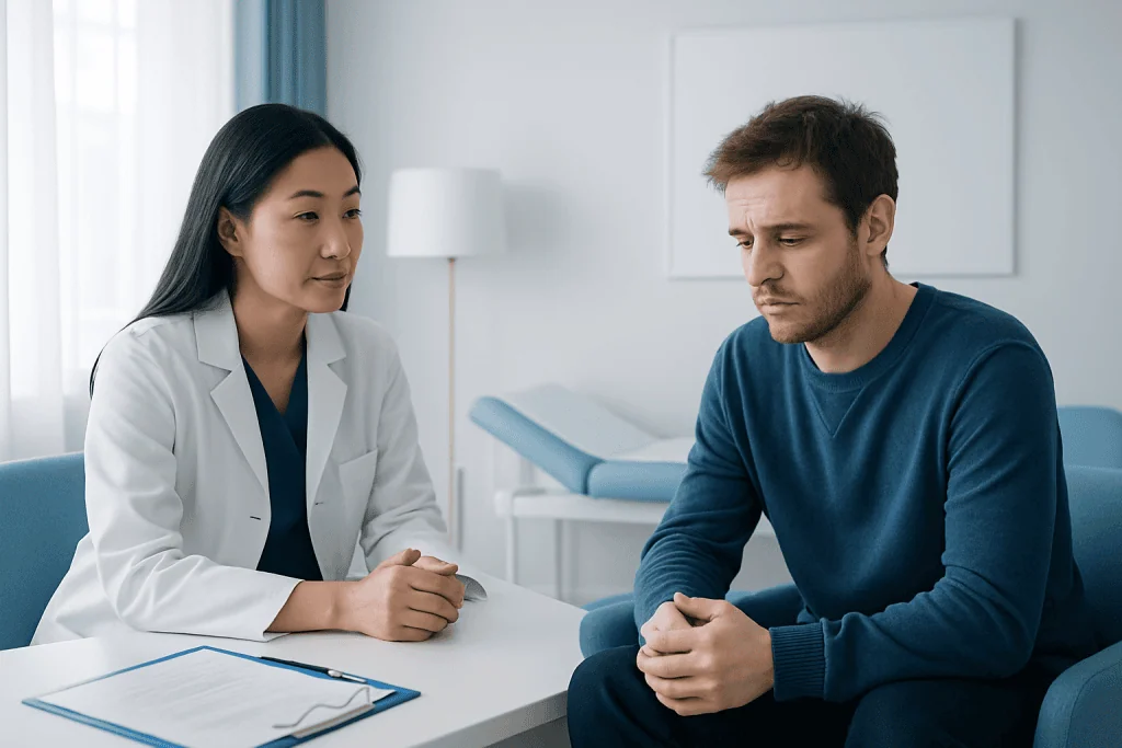Doctor consulting with a male patient in a medical office.