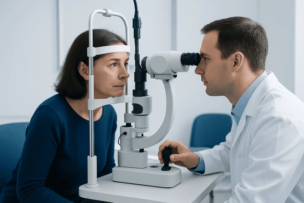 Optometrist examines woman's eyes with slit lamp in clinic.