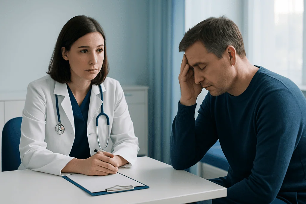 Doctor consulting with a patient experiencing headache or stress symptoms.