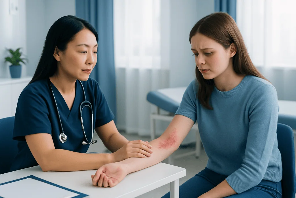 Doctor examining patient's arm with skin rash in clinic setting.