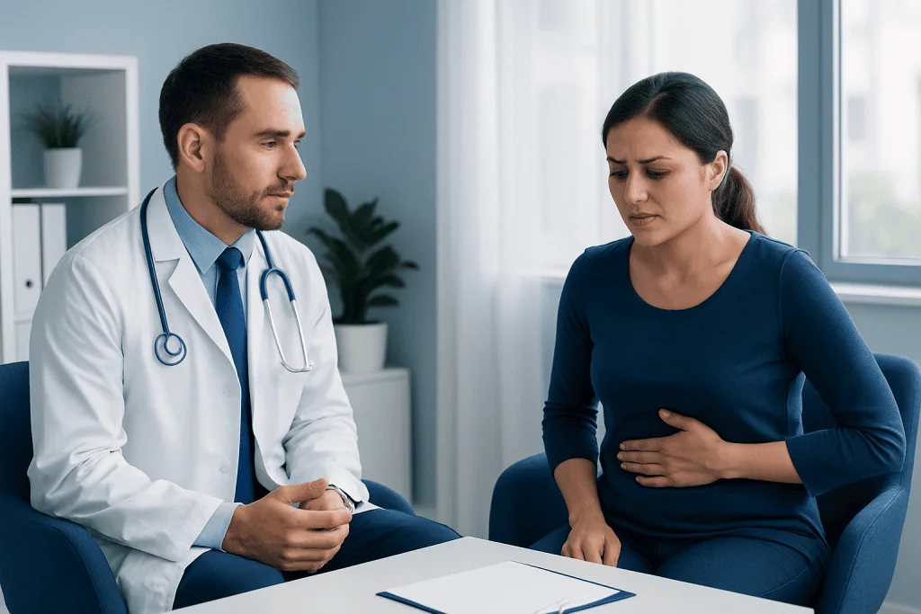Doctor consulting with a woman patient in a medical office.