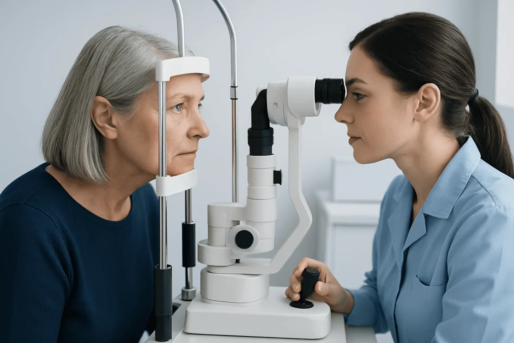 Optometrist examining elderly woman's eye with slit lamp.