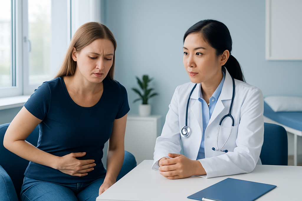 Doctor consulting with a patient about appendix burst symptoms.