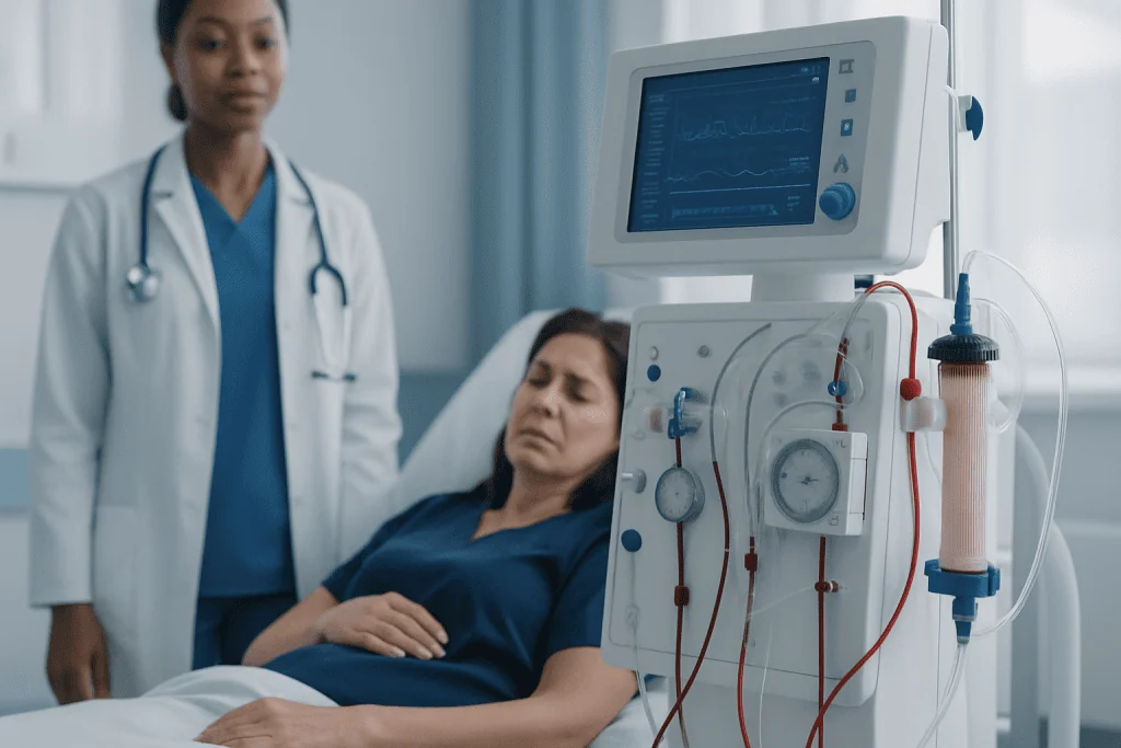 Patient connected to dialysis machine in hospital setting.