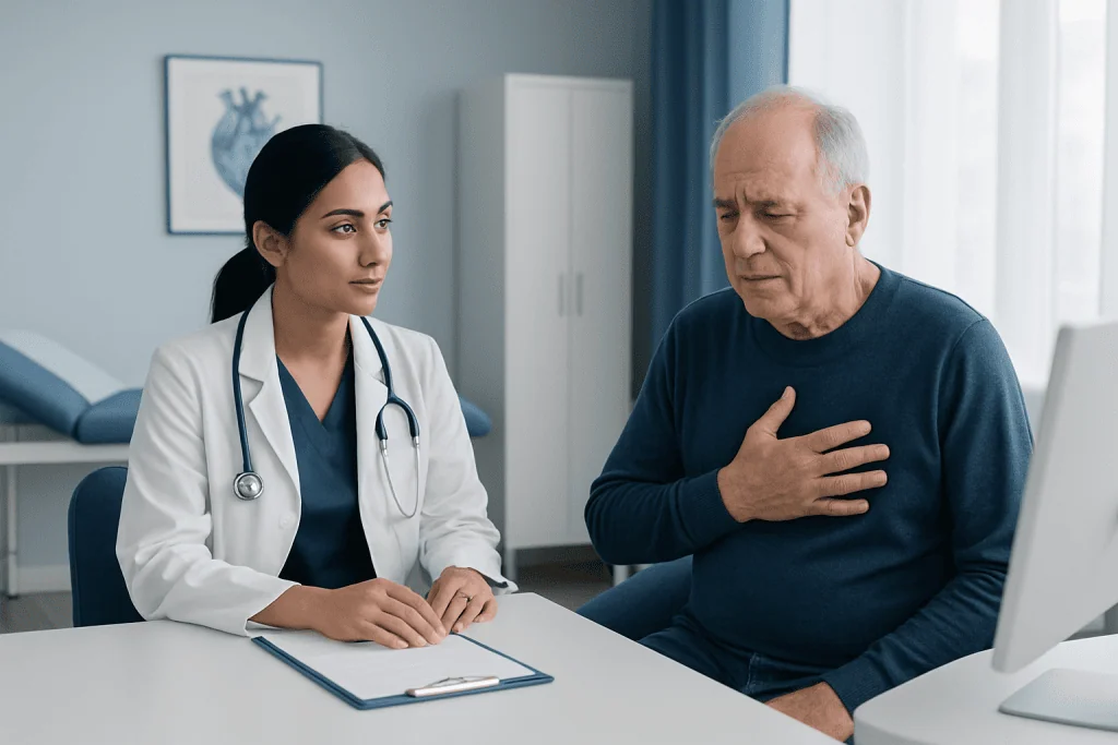 Doctor consulting with an elderly patient about heart health in a clinic.