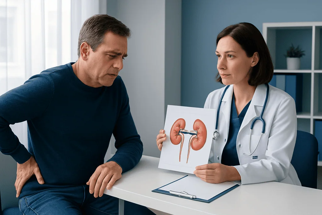Doctor explaining kidney health to male patient in consultation room.