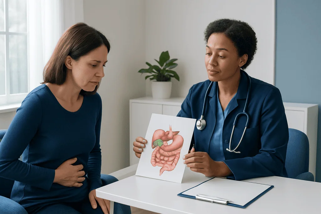 Doctor explaining gallbladder and digestive system to patient.