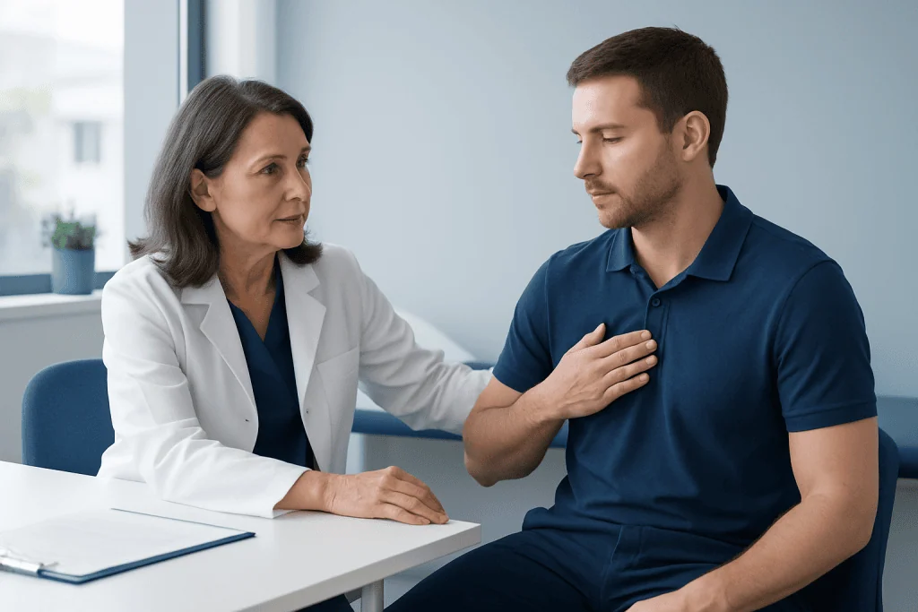 Doctor examining a young man's chest for thoracic outlet syndrome symptoms.