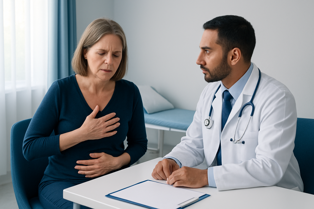 Doctor consulting with a woman patient in a hospital room.