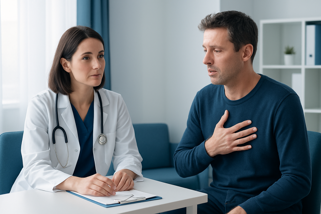 Doctor consulting with a male patient about respiratory health.