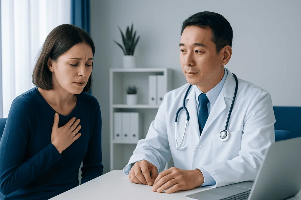 Doctor consulting with a patient experiencing chest pain or discomfort.