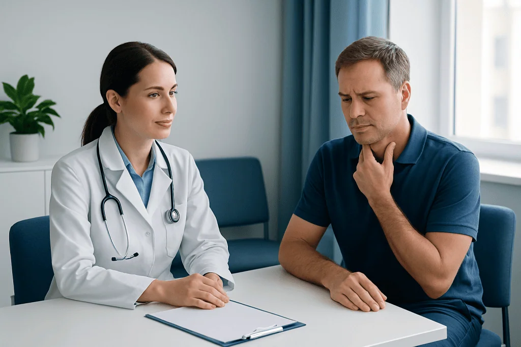 Doctor consulting with a male patient in a medical office.