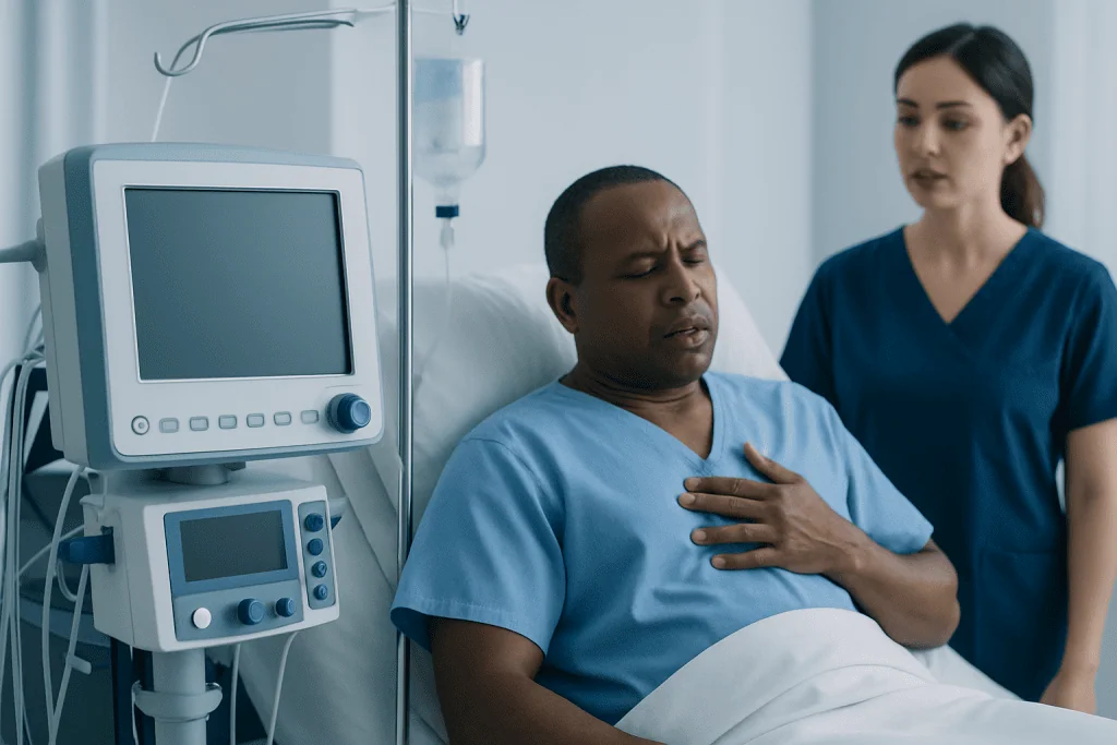 Patient in hospital bed with medical staff monitoring vital signs.