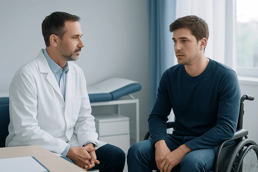 Doctor consulting with a young male patient in a wheelchair in a medical office.