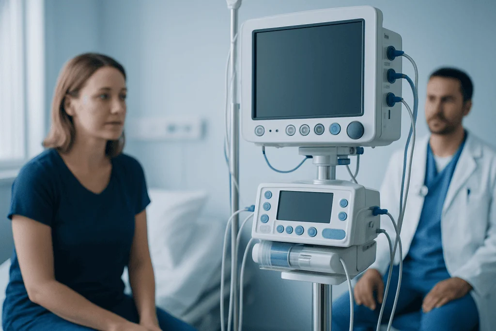 Patient and doctor in hospital room with medical monitor equipment.