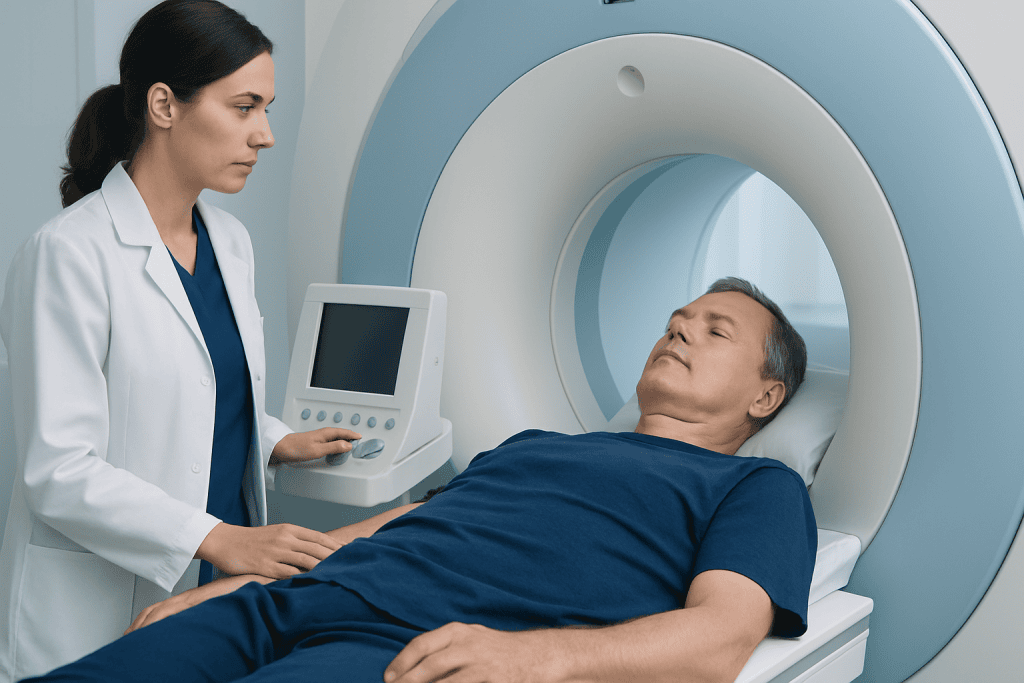 Medical professional preparing patient for MRI scan at Acibadem Hospital.