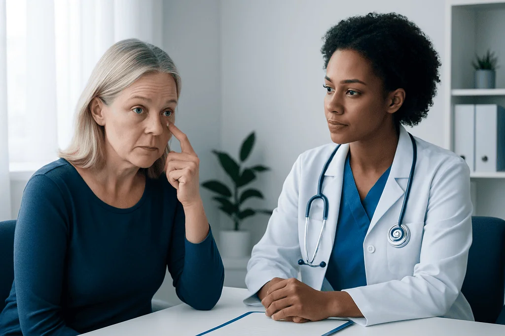 Doctor explaining to a patient about a popped blood vessel.