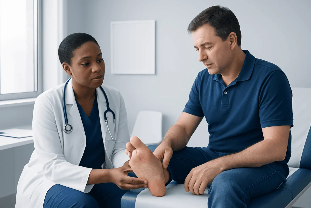 Doctor examining patient's foot in a clinical setting.