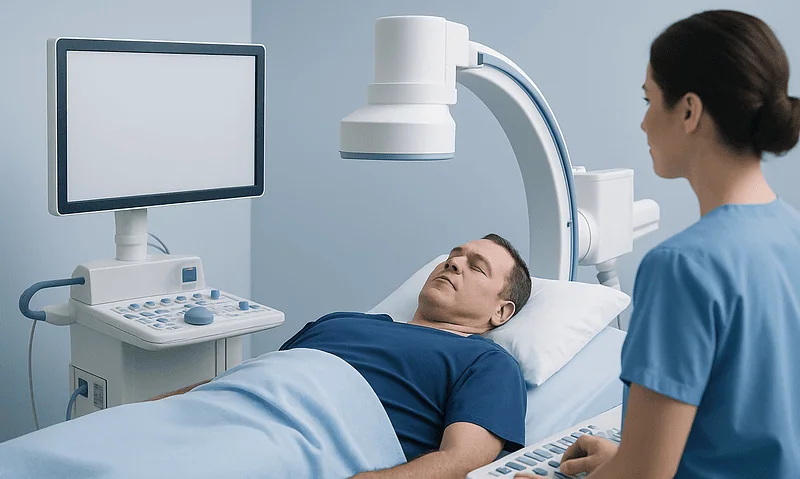 Patient undergoing medical imaging scan in hospital room.