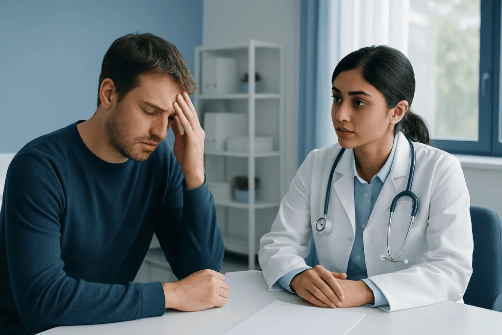 Doctor consulting with a patient experiencing headache or stress.