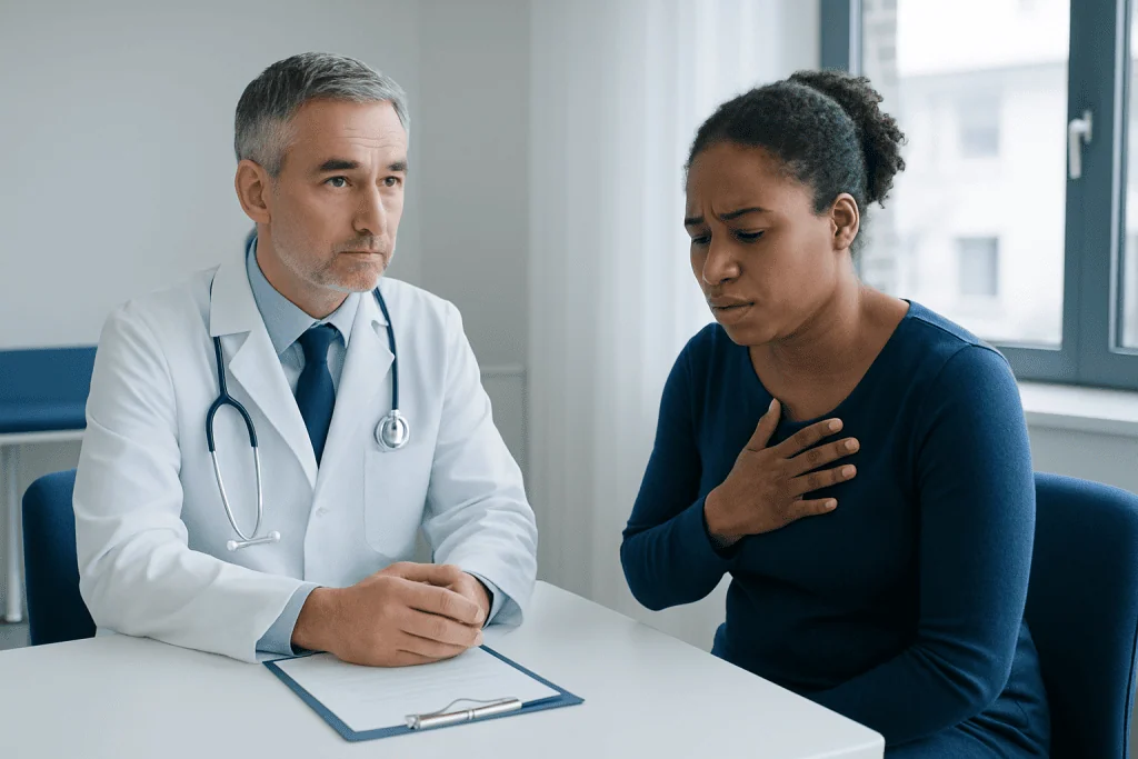 Doctor consulting with a patient experiencing chest discomfort in a medical office.