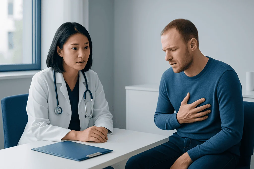Doctor consulting a patient with chest pain in a hospital setting.
