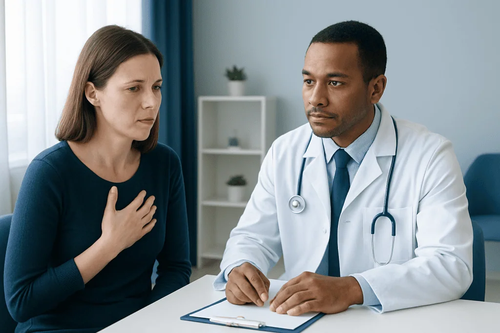 Doctor consulting with a patient about shock symptoms in a medical office.