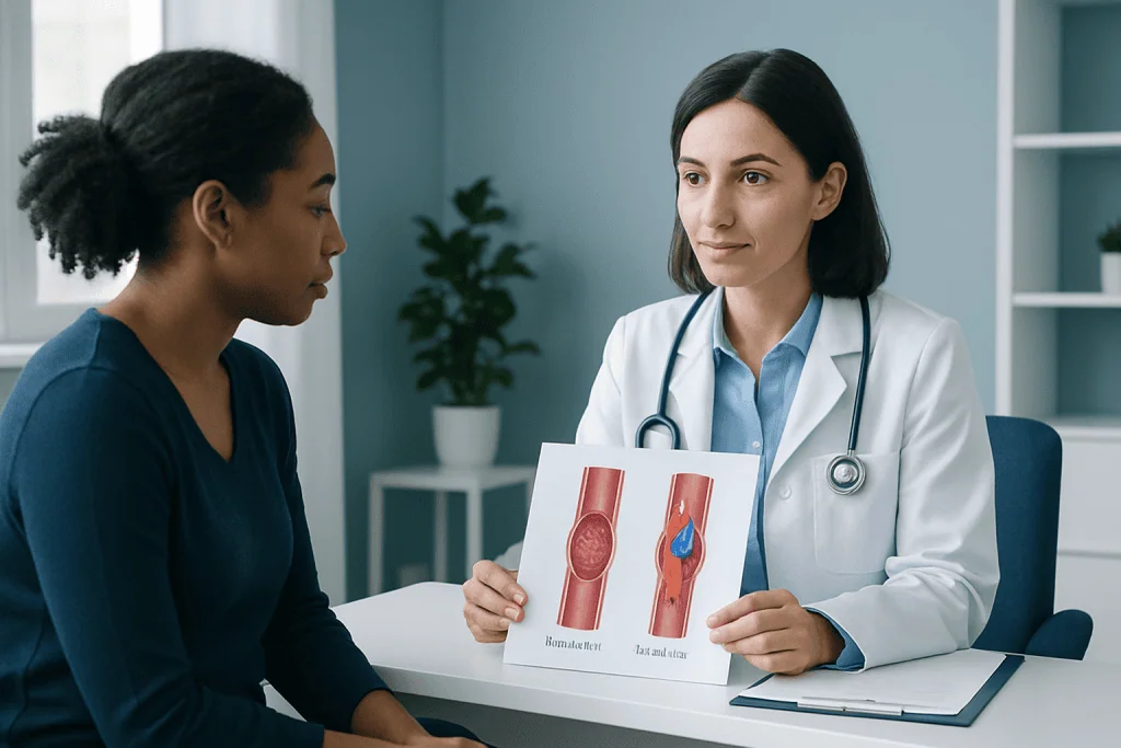Doctor explaining thrombosis and embolism with medical diagrams to patient.