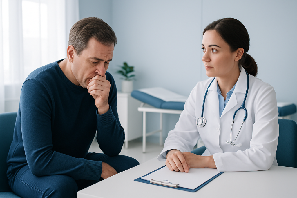 Doctor consulting with a patient experiencing respiratory issues in a clinical setting.