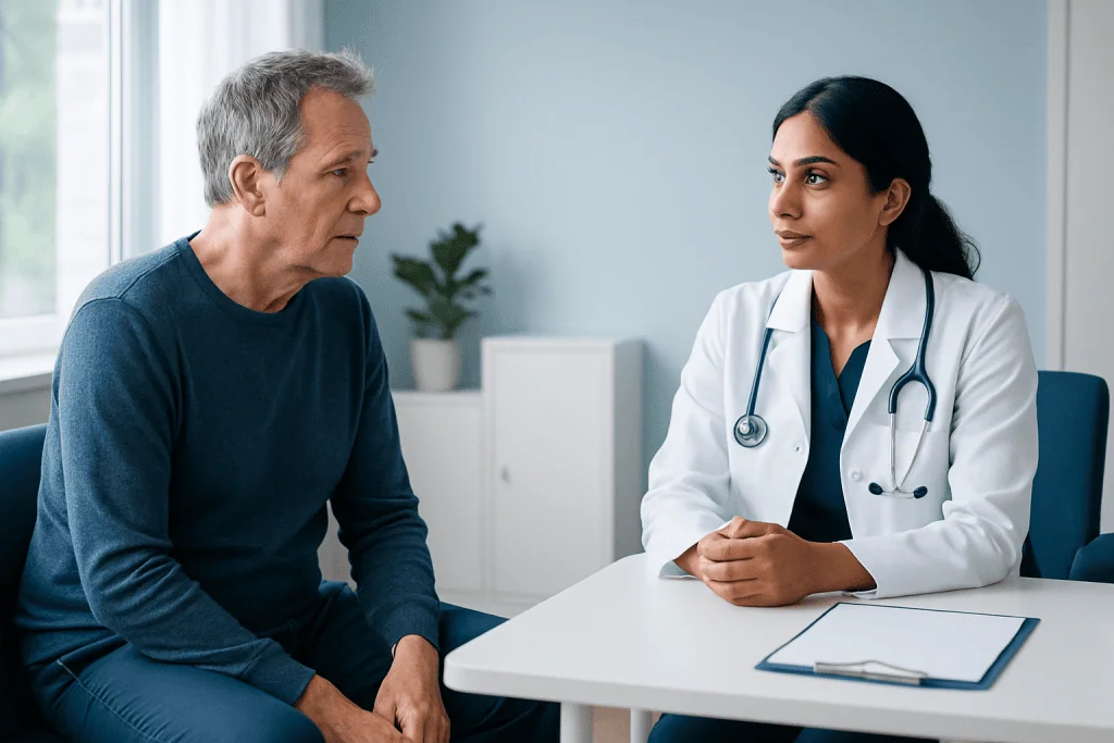 Doctor consulting with an older male patient in a medical office.