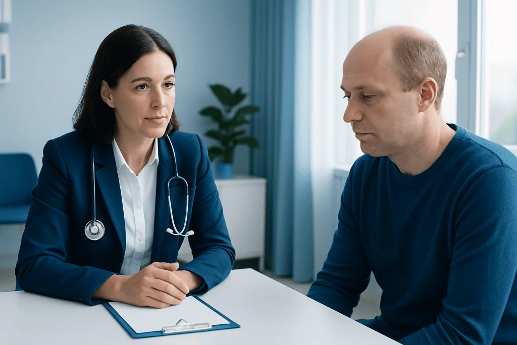 Doctor consulting with patient in a medical office setting.