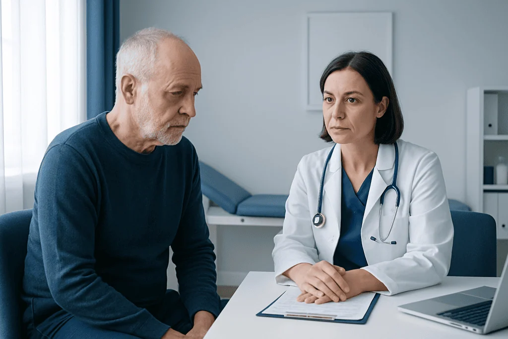 Doctor consulting with an elderly male patient in a medical office.
