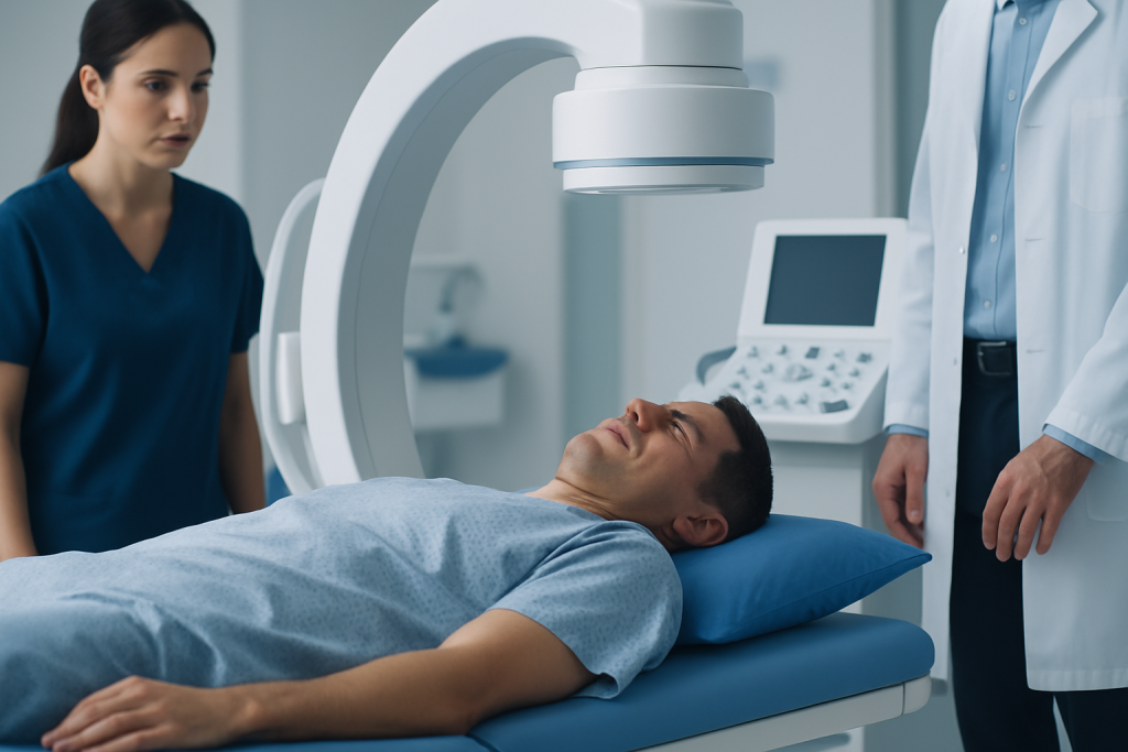 Patient undergoing MRI scan for back injury assessment at Acibadem Hospital.