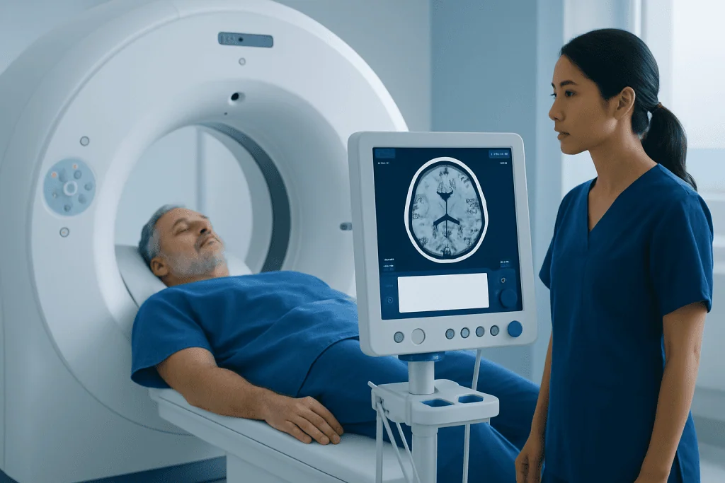 Patient undergoing brain MRI scan at Acibadem Hospital.