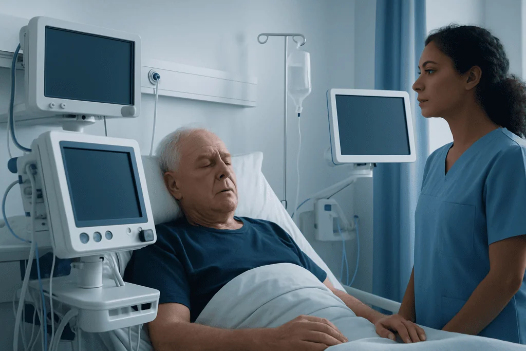 Hospital scene with elderly patient and nurse in ICU setting.