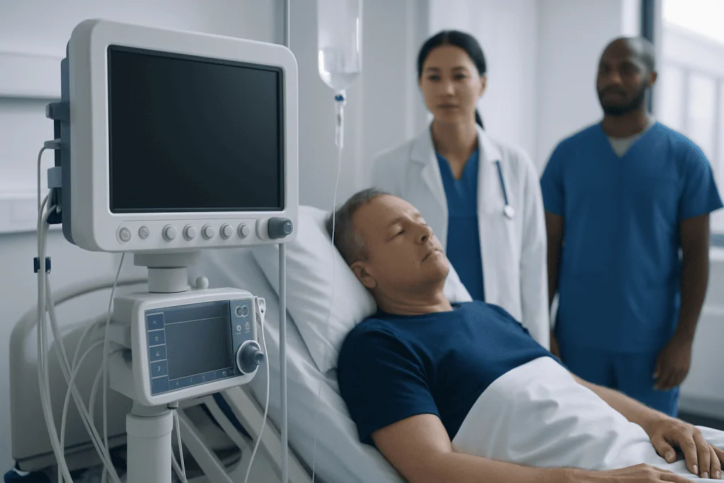 Patient in hospital bed with medical monitors and healthcare professionals nearby.
