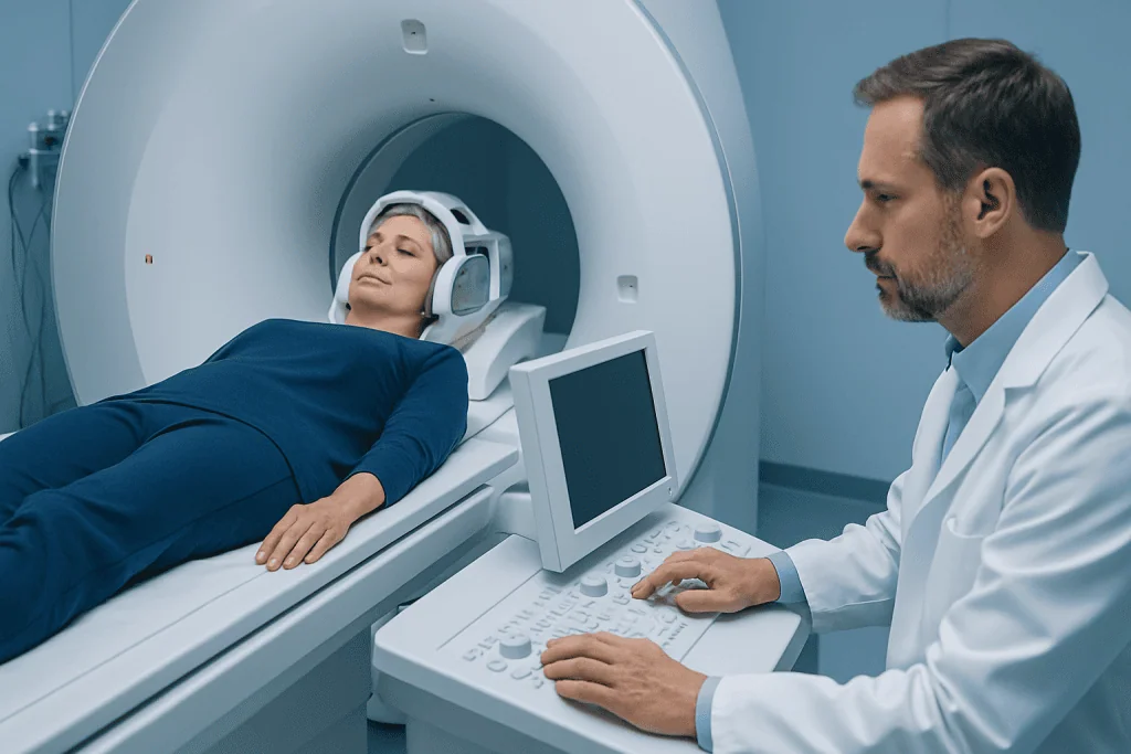 Patient undergoing MRI scan in a hospital setting for stroke diagnosis.