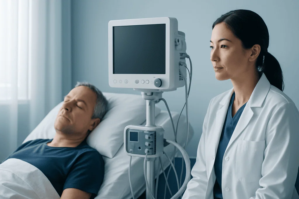 Hospital patient connected to medical monitor in a clinical setting.