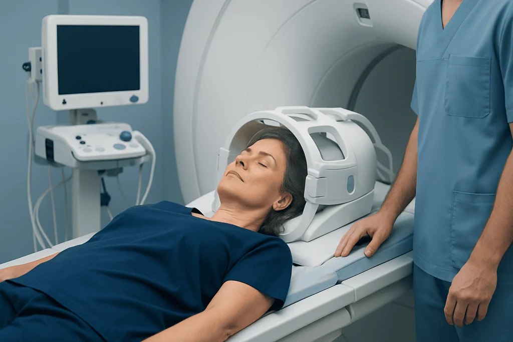 Patient undergoing MRI scan in a hospital setting.