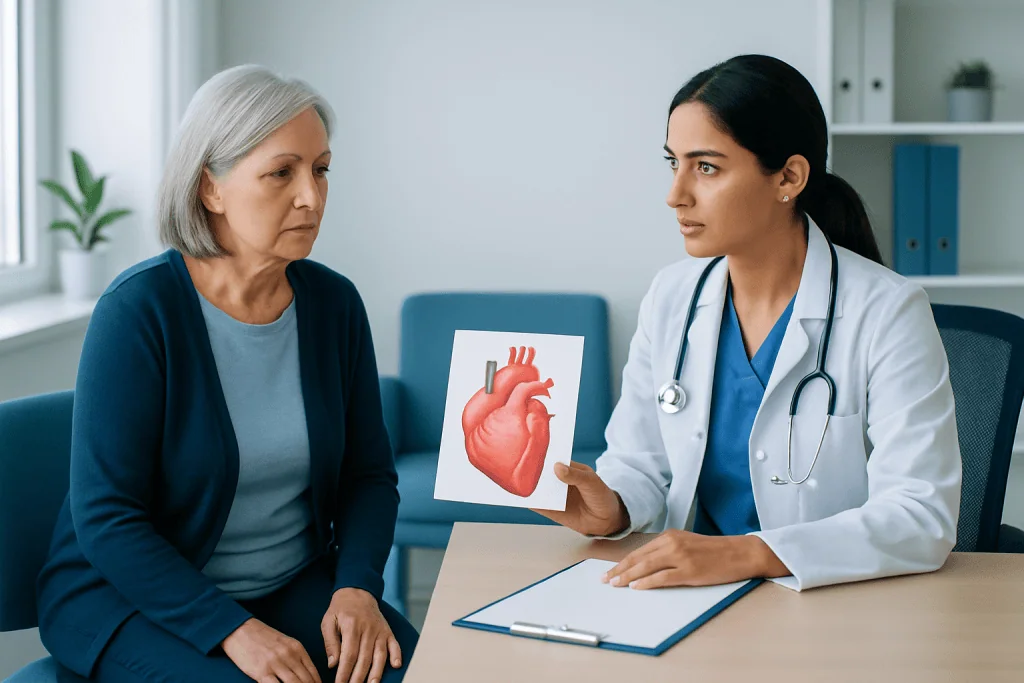Doctor explaining heart health to an elderly woman with a heart diagram.