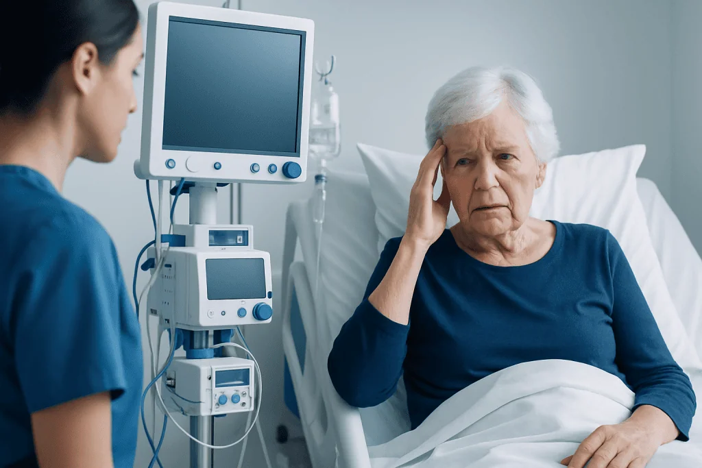 Elderly woman experiencing confusion during medical evaluation in hospital.
