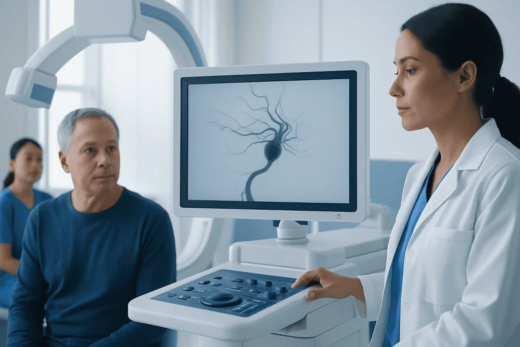 Neuroradiologist examines brain aneurysm scan on computer monitor.