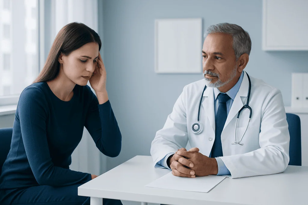Vascular neurologist consulting with a patient about aneurysm treatment options.