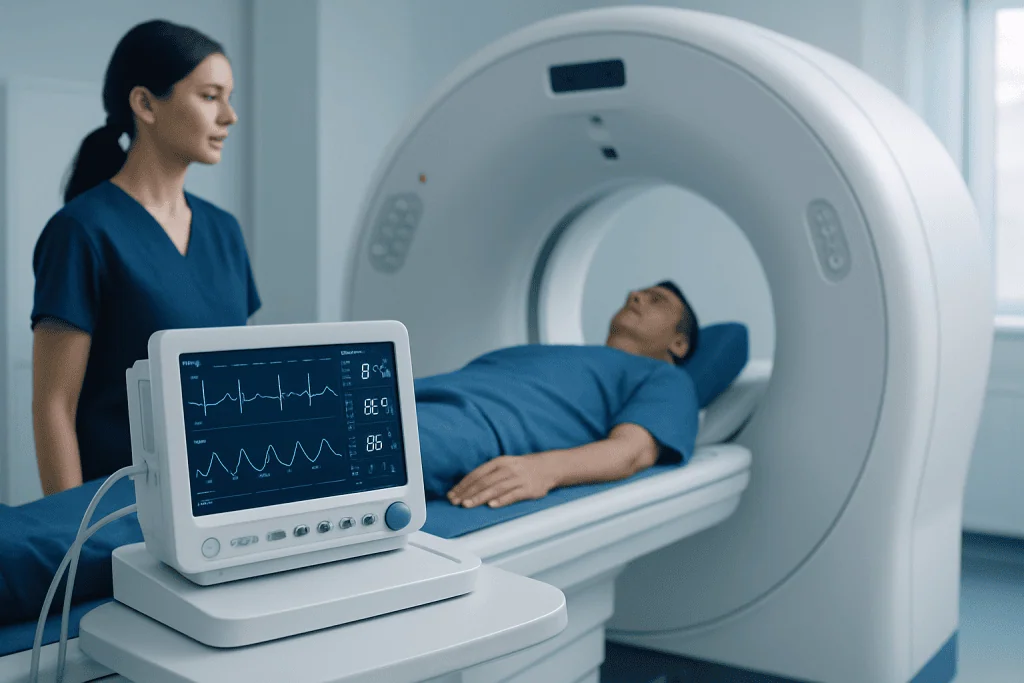 Patient undergoing MRI scan at Acibadem Hospital with medical staff present.