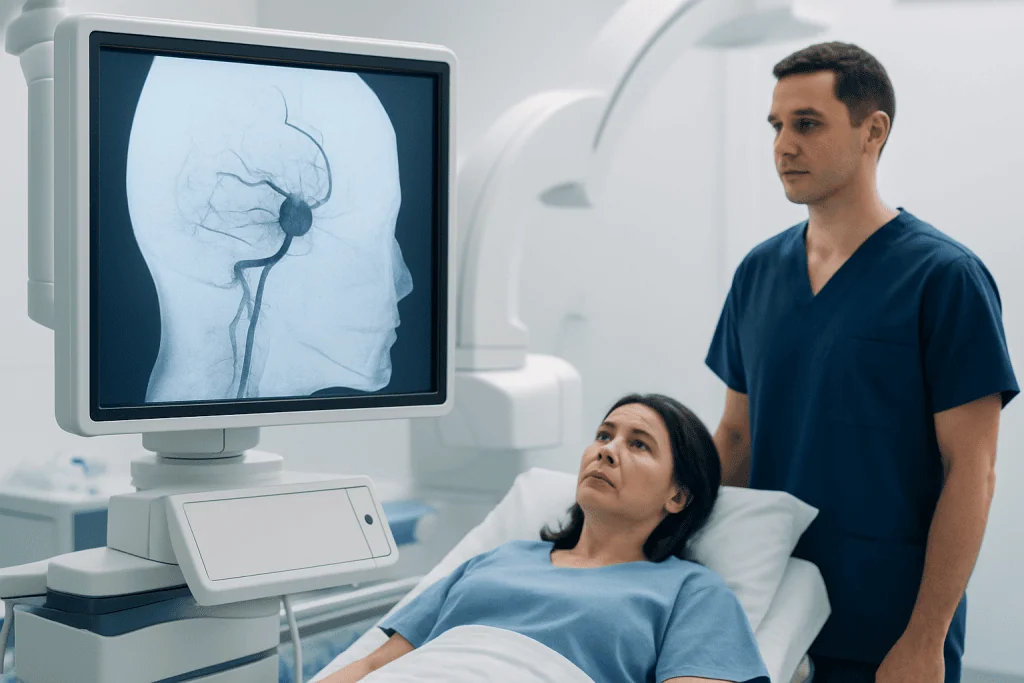 Medical professionals review brain angiogram for aneurysm diagnosis.