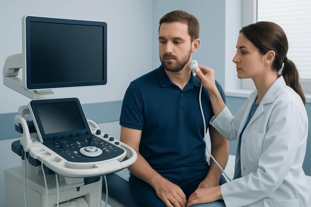 Doctor performing an ultrasound exam on a male patient in a clinical setting.