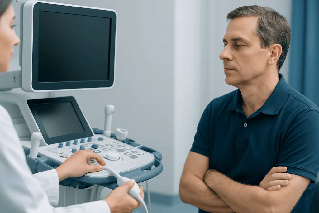 Doctor performing an ultrasound examination on a male patient in a medical clinic.