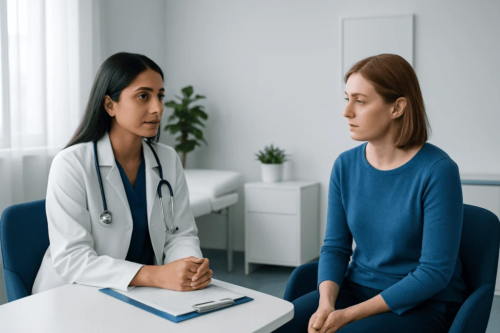 Doctor consulting with a patient in a modern medical office.