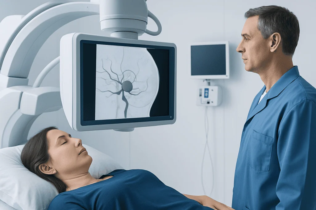 Doctor reviewing brain scan of patient with cerebral angiography image.